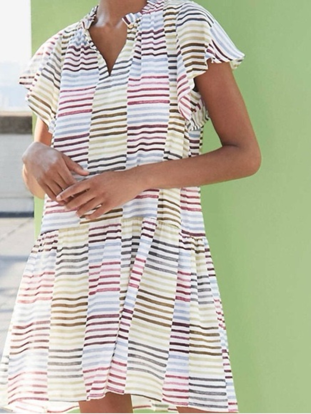 LOFT Petites MP Striped Flutter Sleeve Tiered Dress Multicolor